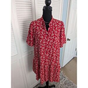 PIECES Danish Dress Womens L Red Ditsy Print Floral Peasant Cottagecore Ruffles